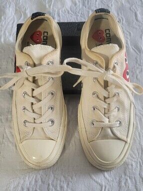 Converse Comme Des Garcons Cream Canvas Low-Top Sneakers Red Heart Accent M4 W6